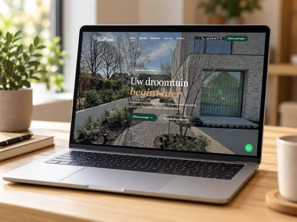 De website van Tuinen Gheysens op een laptop op een bureau