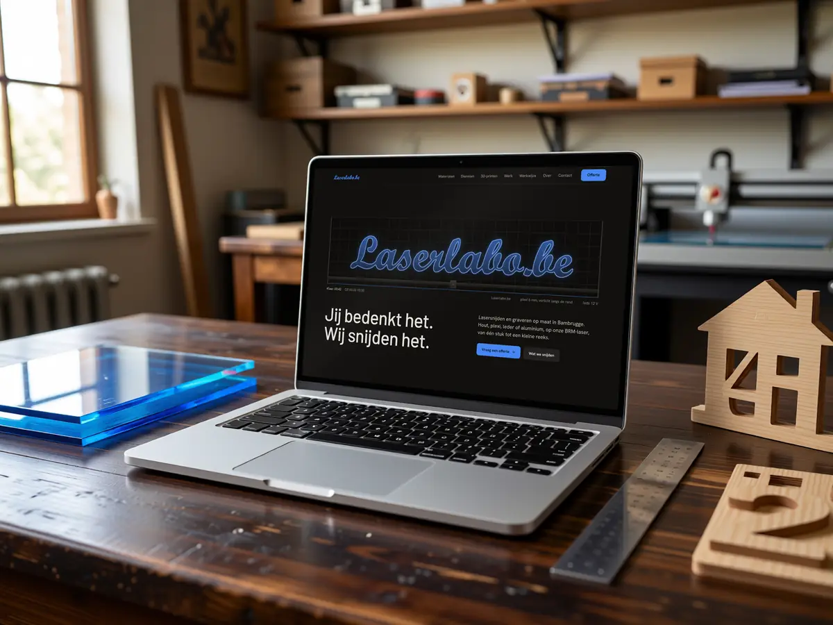 De nieuwe one-pager van Laserlabo op een laptop