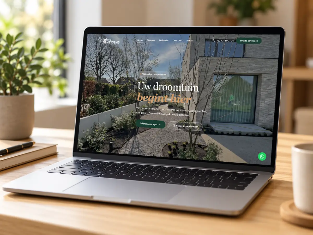 De website van Tuinen Gheysens op een laptop op een bureau